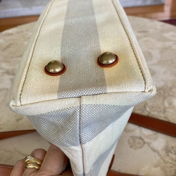 Fossil Austin Cream Blue Stripe Coated Canvas Leather Nautical Tote Shoulder Bag - Picture 11 of 15